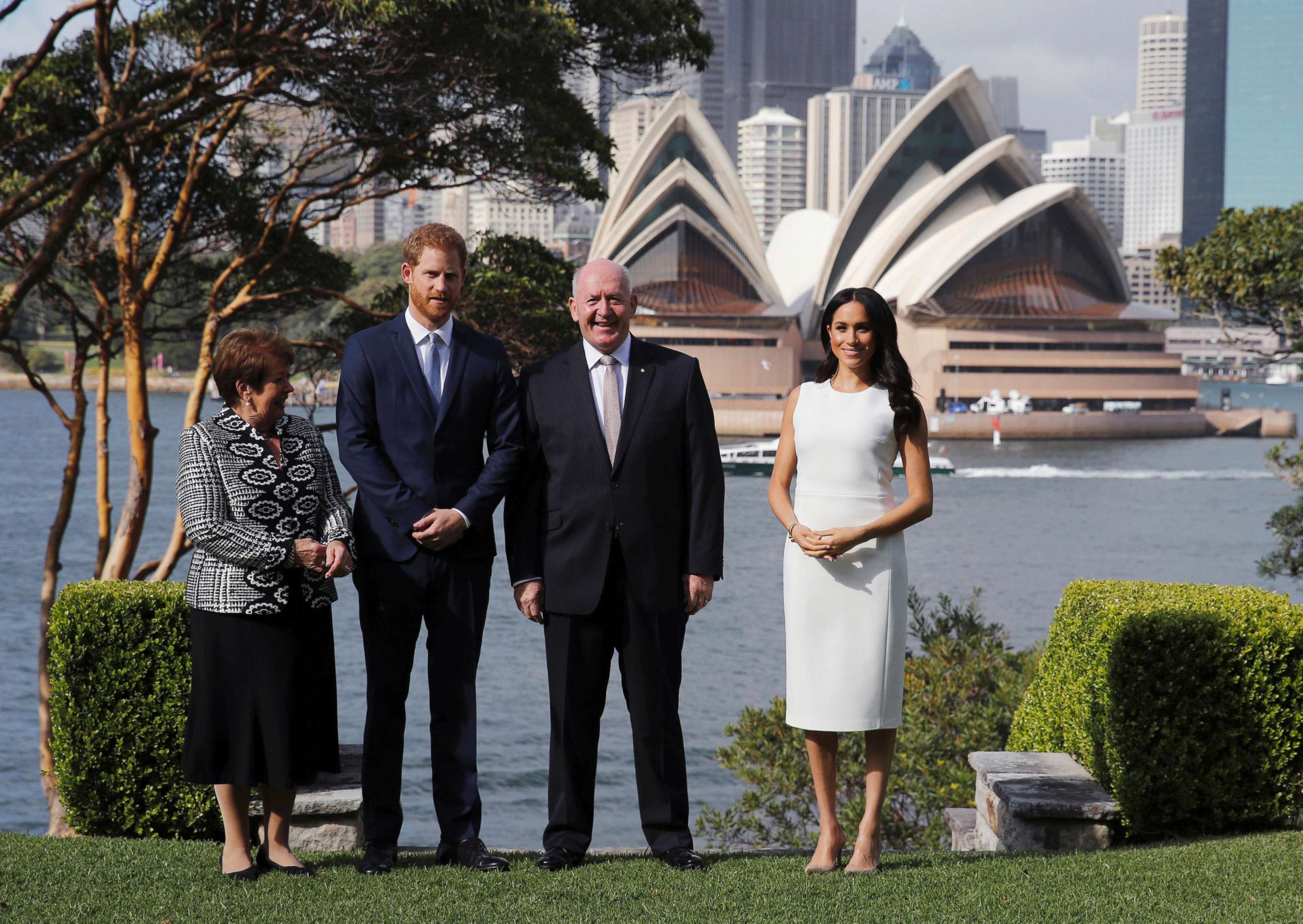 PHOTO: The Duke and Duchess of Sussex, Australia's Governor General Peter Cosgrove and his wife Lynne Cosgrove stand in the grounds of Admiralty House in Sydney on the first day of the royal couple's visit to Australia, Oct. 16, 2018. 