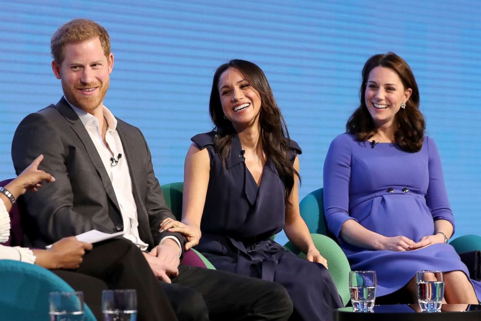 PHOTO: Prince Harry, Meghan Markle and Catherine, Duchess of Cambridge, attend the Royal Foundation's first annual forum, held in Aviva on February 28, 2018 in London.