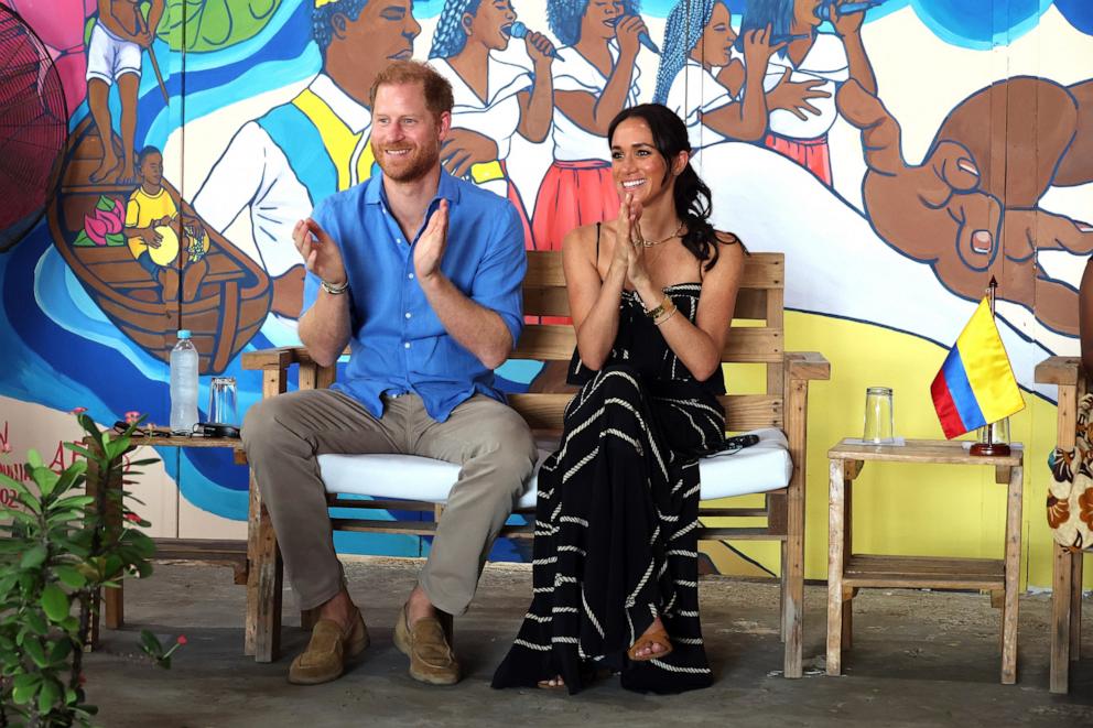 PHOTO: Prince Harry, Duke of Sussex and Meghan, Duchess of Sussex at the Escuela Tambores de Cabildo during The Duke and Duchess of Sussex Colombia Visit on August 17, 2024 in Cartagena, Colombia.