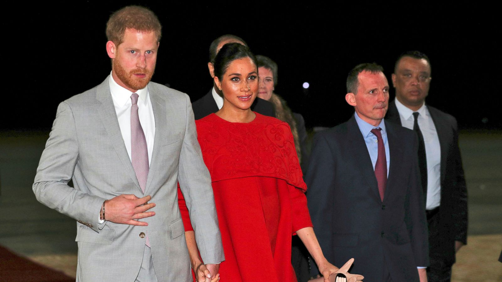 PHOTO: Britain's Prince Harry and Meghan Duchess of Sussex, arrive at the Casablanca Airport in Casablanca, Morocco, Saturday Feb. 23, 2019.