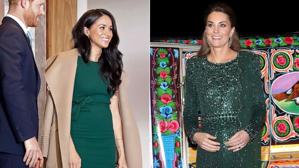 PHOTO: Left, Meghan, Duchess of Sussex wearing a green dress to an event in London, Oct. 15, 2019, and right, Catherine, Duchess of Cambridge, wearing a green dress during a visit to Pakistan on the same day.
