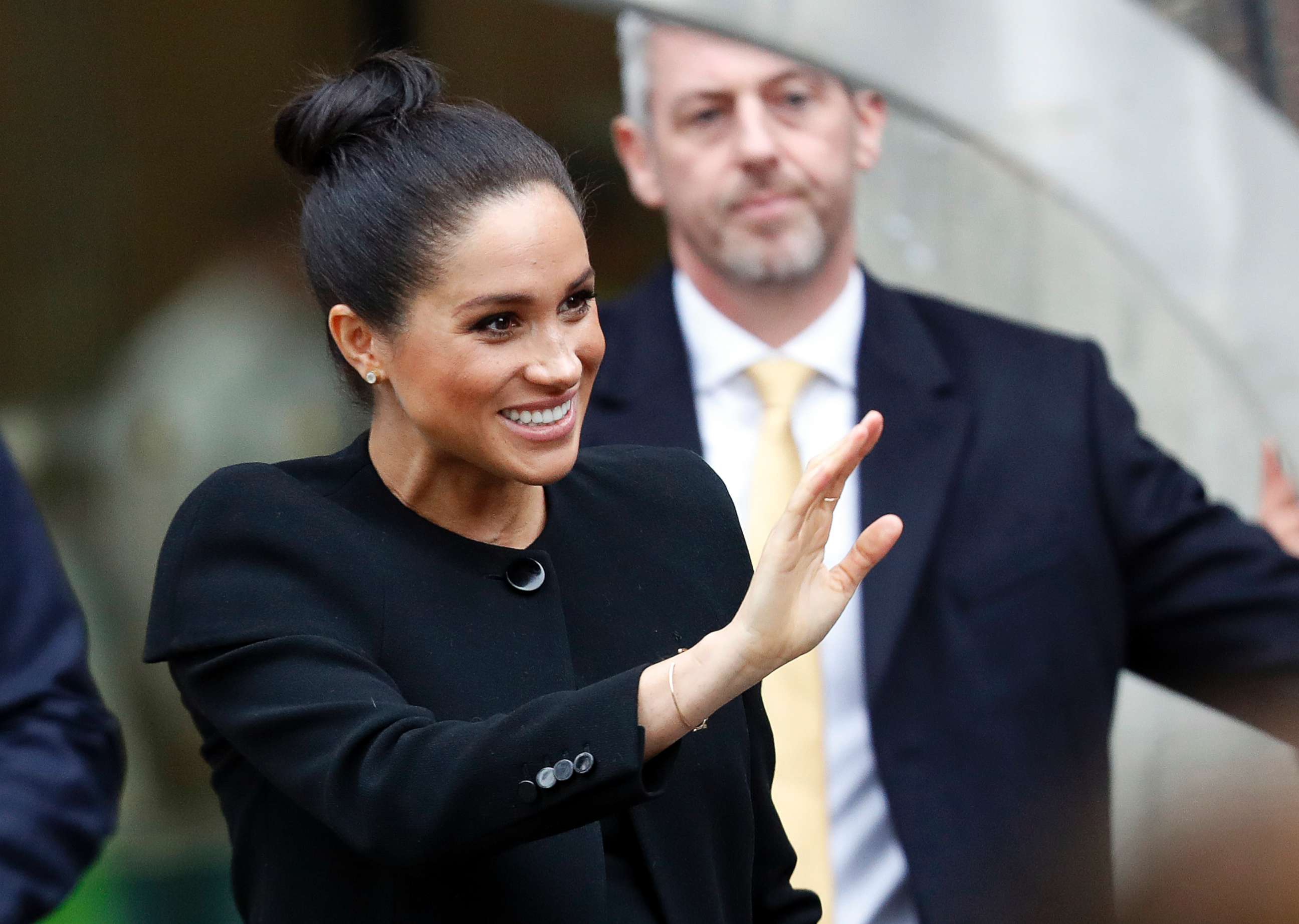 PHOTO: Meghan, Duchess of Cambridge waves after attending an engagement with the Association of Commonwealth Universities at City, University of London on Jan. 31, 2019 in London.