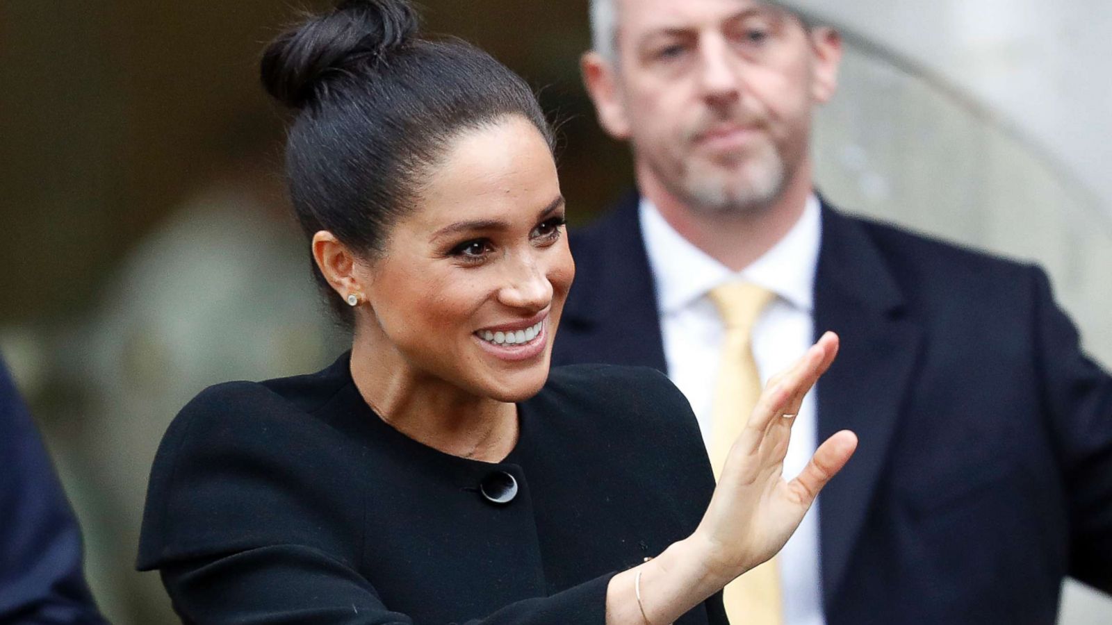 PHOTO: Meghan, Duchess of Cambridge waves after attending an engagement with the Association of Commonwealth Universities at City, University of London on Jan. 31, 2019 in London.