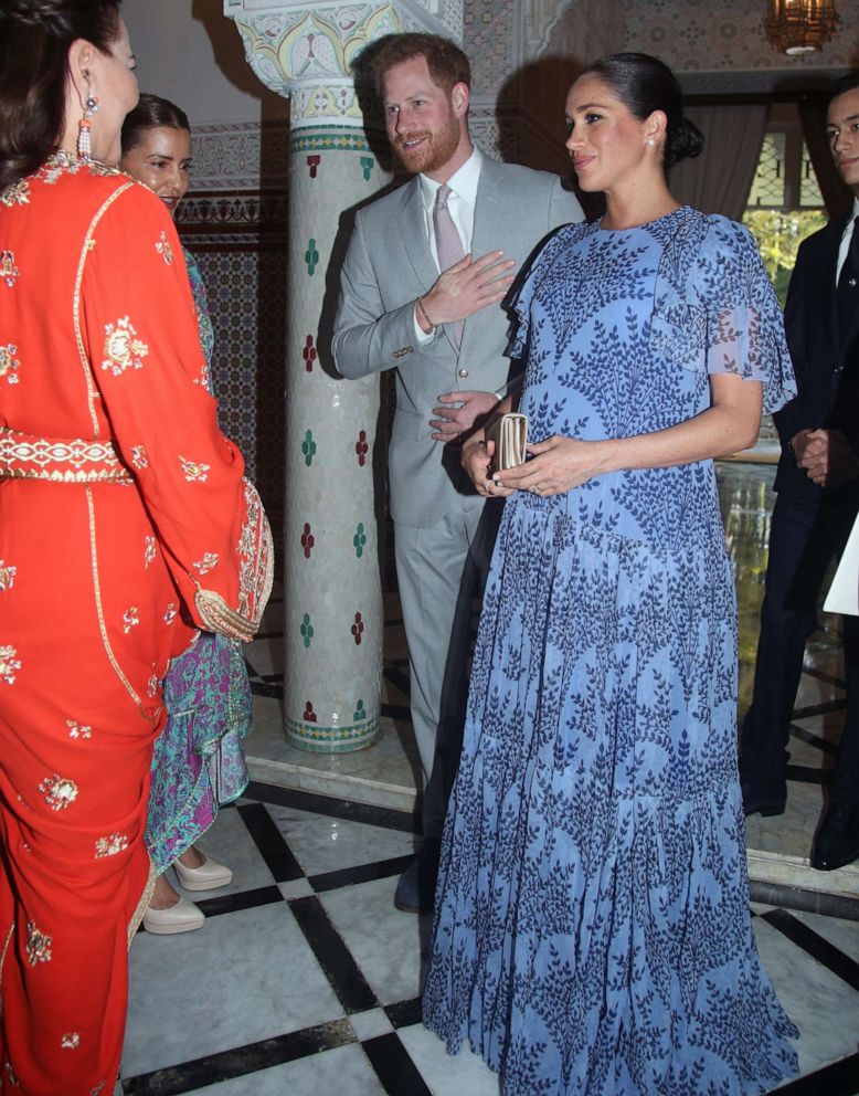 PHOTO: Meghan, Duchess of Sussex, and her husband, Prince Harry, greet Princess Lalla Meryem and Princess Lalla Hasna of Morocco during an audience with the King Mohammed VI of Morocco at his residence on Feb. 25, 2019 in Rabat, Morocco.