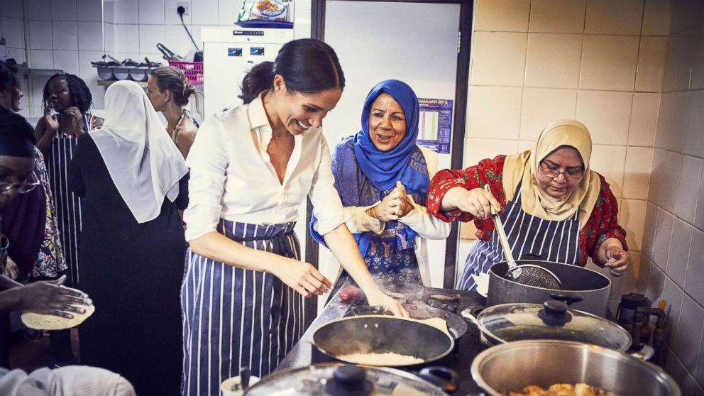 PHOTO: This undated handout image released by Kensington Palace on Sept. 17, 2018 shows, Meghan Markle, Duchess of Sussex cooking with women in the Hubb Community Kitchen at the Al Manaar Muslim Cultural Heritage Centre in West London.