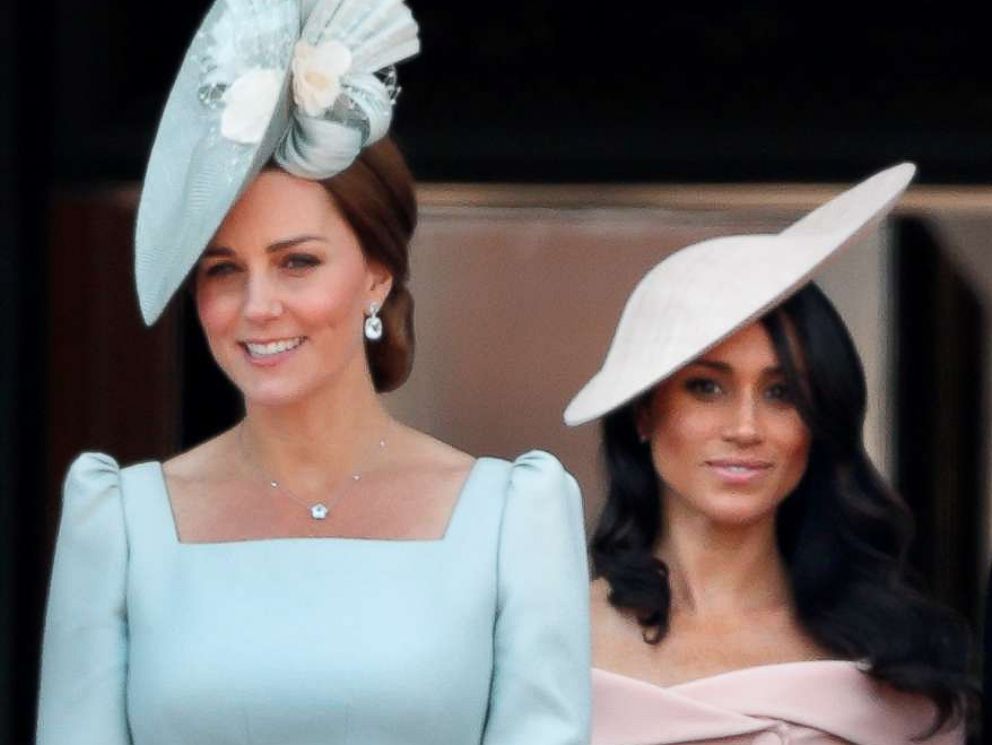 PHOTO: Catherine, Duchess of Cambridge and Meghan, Duchess of Sussex stand on the balcony of Buckingham Palace during Trooping The Colour 2018 on June 9, 2018 in London.