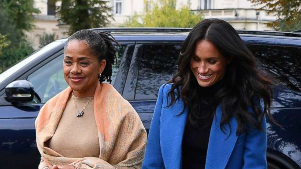 PHOTO: Meghan Markle, the Duchess of Sussex, accompanied by Britain's Prince Harry, the Duke of Sussex and her mother Doria Ragland walk to attend a reception at Kensington Palace, in London, Sept. 20, 2018.