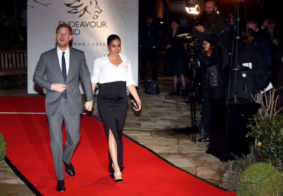 PHOTO: Britain's Prince Harry and Meghan, Duchess of Sussex, arrive at the Endeavour Fund Awards in the Drapers' Hall in London, Feb. 7, 2019.