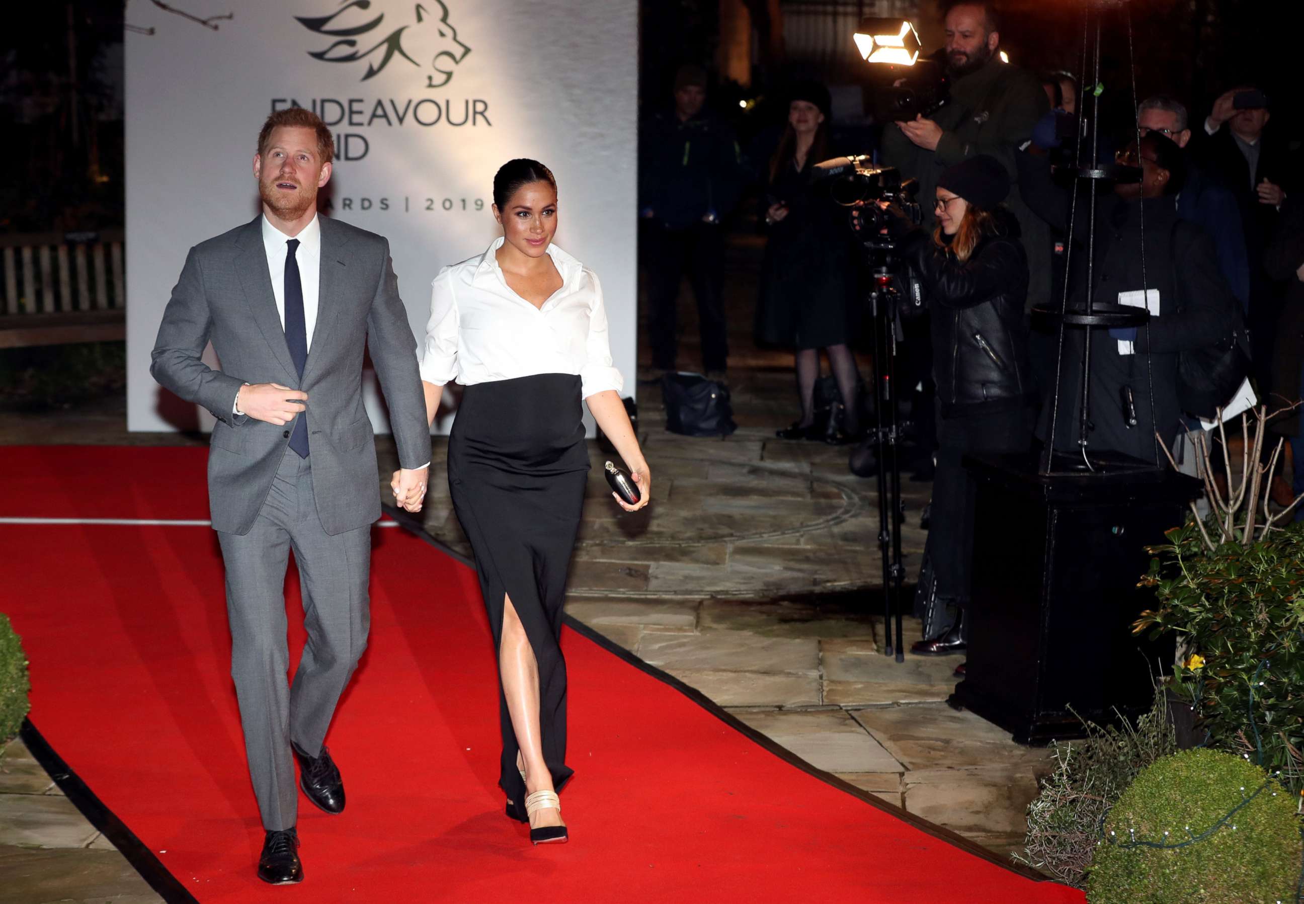 PHOTO: Britain's Prince Harry and Meghan, Duchess of Sussex, arrive at the Endeavour Fund Awards in the Drapers' Hall in London, Feb. 7, 2019.