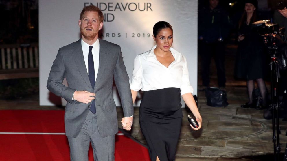 PHOTO: Britain's Prince Harry and Meghan, Duchess of Sussex, arrive at the Endeavour Fund Awards in the Drapers' Hall in London, Feb. 7, 2019.