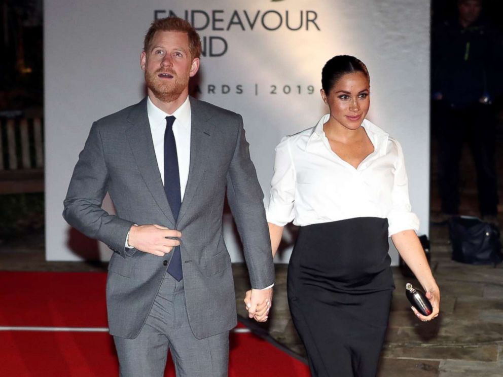 PHOTO: Britains Prince Harry and Meghan, Duchess of Sussex, arrive at the Endeavour Fund Awards in the Drapers Hall in London, Feb. 7, 2019.