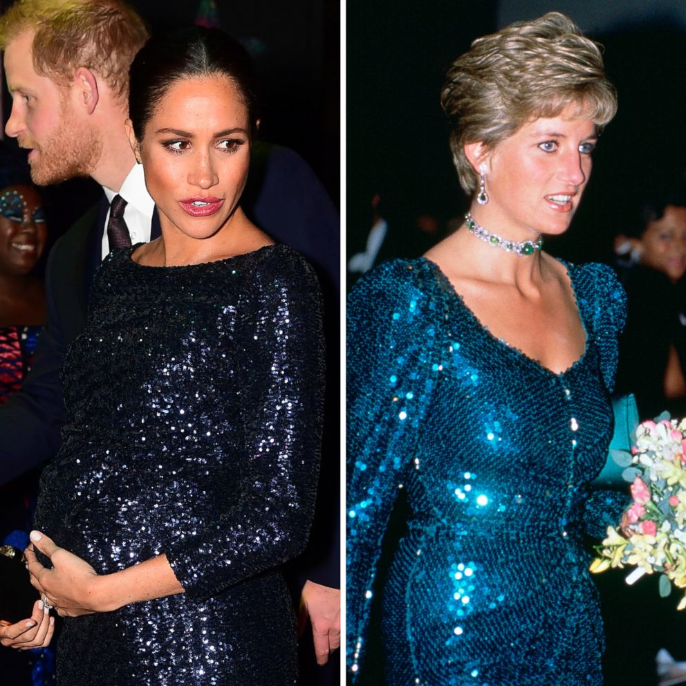 PHOTO: Meghan, Duchess of Sussex wears a Roland Mouret dress in London, Jan. 16, 2019 and Diana, Princess of Wales, wears a Catherine Walker dress in London in 1990.