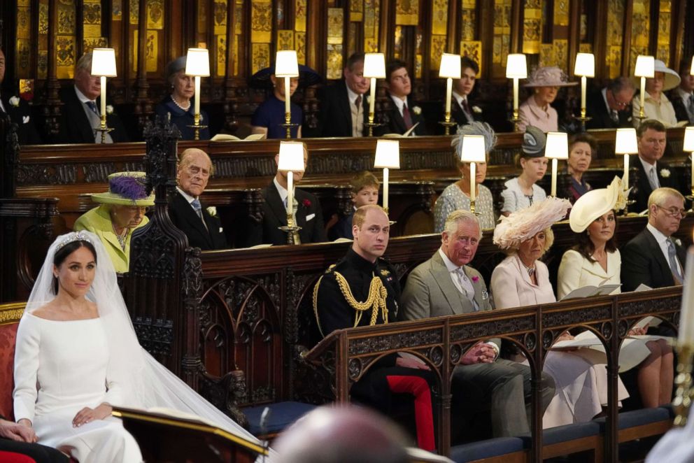 PHOTO: Meghan Markle, Queen Elizabeth II and Prince Philip sit in St George's Chapel, Windsor Castle for Markle's wedding to Britain's Prince Harry in Windsor, May 19, 2018.