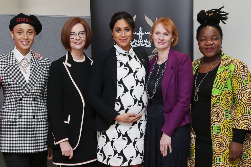 PHOTO: British model Adwoa Aboah, former Australian Prime Minister Julia Gillard, Britain's Meghan, Duchess of Sussex, British journalist Anne McElvoy and Camfed Regional Director Zimbabwe's Angeline Murimirwa pose in London, March 8, 2019.