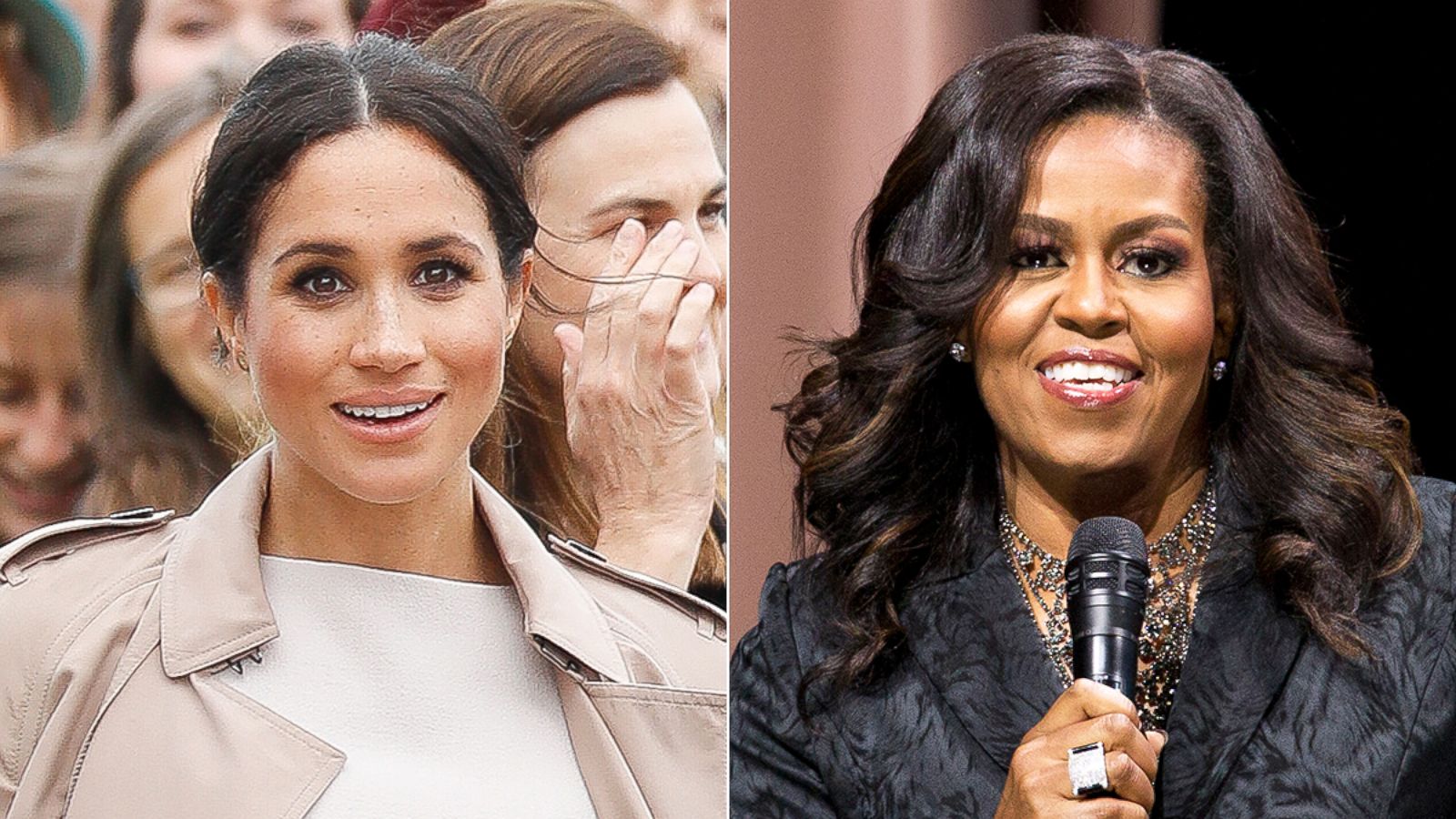 PHOTO: Meghan, Duchess of Sussex, Oct. 30, 2018 in Auckland, New Zealand. Michelle Obama speaks to the audience during a stop on her book tour for "Becoming," in Washington D.C., Nov. 25, 2018.