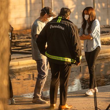 PHOTO: Meghan Markle, Duchess of Sussex, right, speaks with Pasadena Mayor Victor Gordo, center, and Doug Goodwin, who's home was destroyed by the Eaton Fire, in Altadena, Calif., Jan. 10, 2025. 