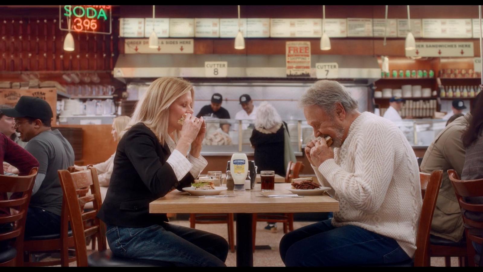 PHOTO: Meg Ryan and Billy Crystal reprise their roles as Sally and Harry at Katz's Deli for a new Hellmann's Super Bowl ad.