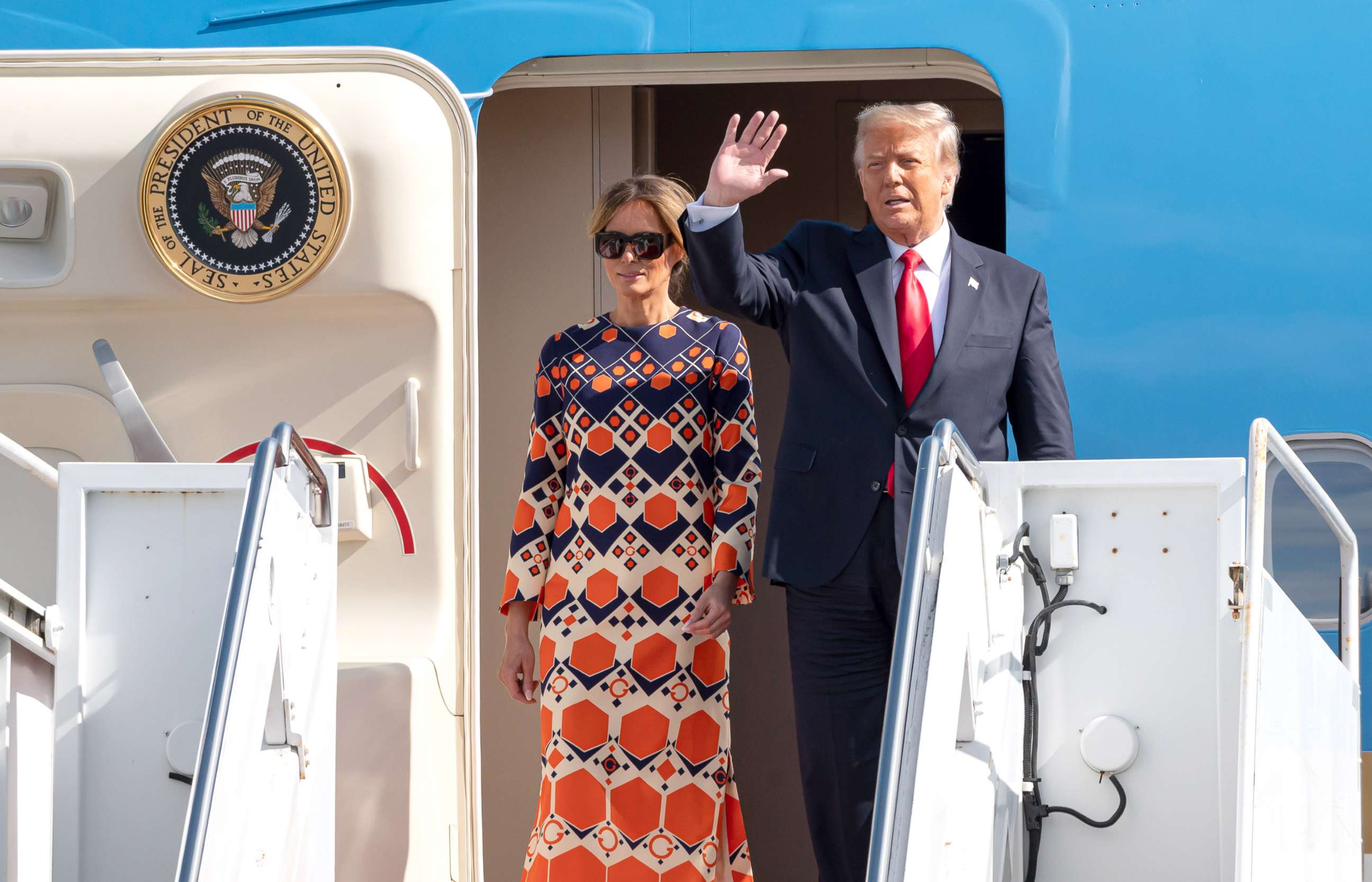 PHOTO: Outgoing U.S. President Donald Trump and First Lady Melania Trump exit Air Force One at the Palm Beach International Airport on the way to Mar-a-Lago Club on Jan. 20, 2020 in West Palm Beach, Fla.