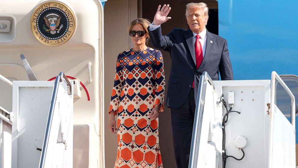 PHOTO: Outgoing U.S. President Donald Trump and First Lady Melania Trump exit Air Force One at the Palm Beach International Airport on the way to Mar-a-Lago Club on Jan. 20, 2020 in West Palm Beach, Fla.