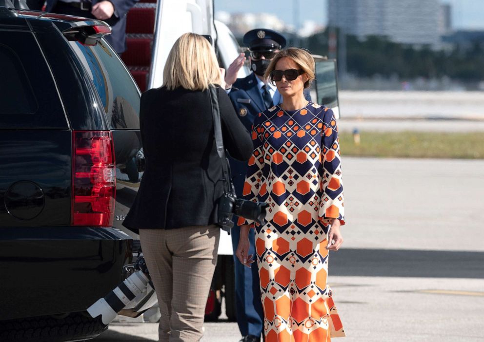 PHOTO: First Lady Melania Trump exits Air Force One at the Palm Beach International Airport on the way to Mar-a-Lago Club on Jan. 20, 2020 in West Palm Beach, Florida. President Trump left Washington, D.C. on the last day of his administration.