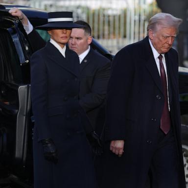 PHOTO: Melania Trump and U.S. President-elect Donald Trump arrive for services at St. John's Church as part of Inauguration ceremonies on January 20, 2025 in Washington, DC.