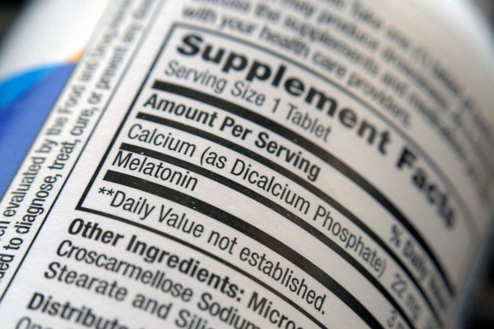 PHOTO: The label for a bottle of melatonin pills, June 2, 2022.