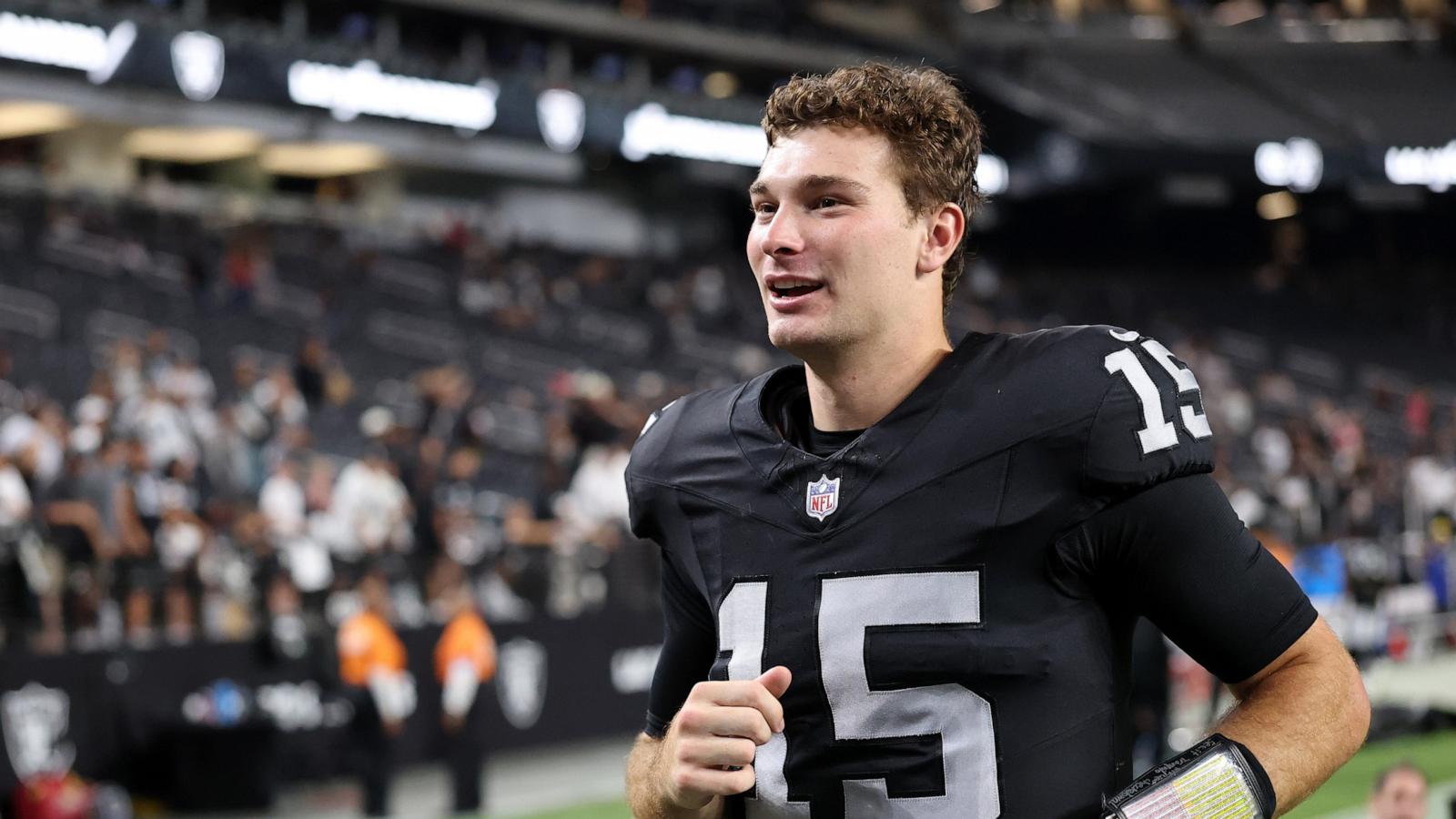 Fernando Mendoza #15 of the Las Vegas Raiders leaves the field after the team's 27-14 loss to the Arizona Cardinals in a preseason game at Allegiant Stadium on August 13, 2026 in Las Vegas, Nevada.