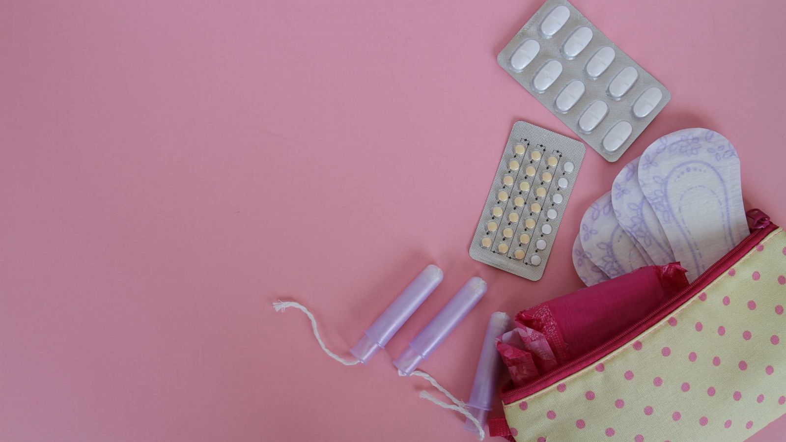 PHOTO: Cotton tampons, sanitary napkins and pills are seen in this undated stock photo.