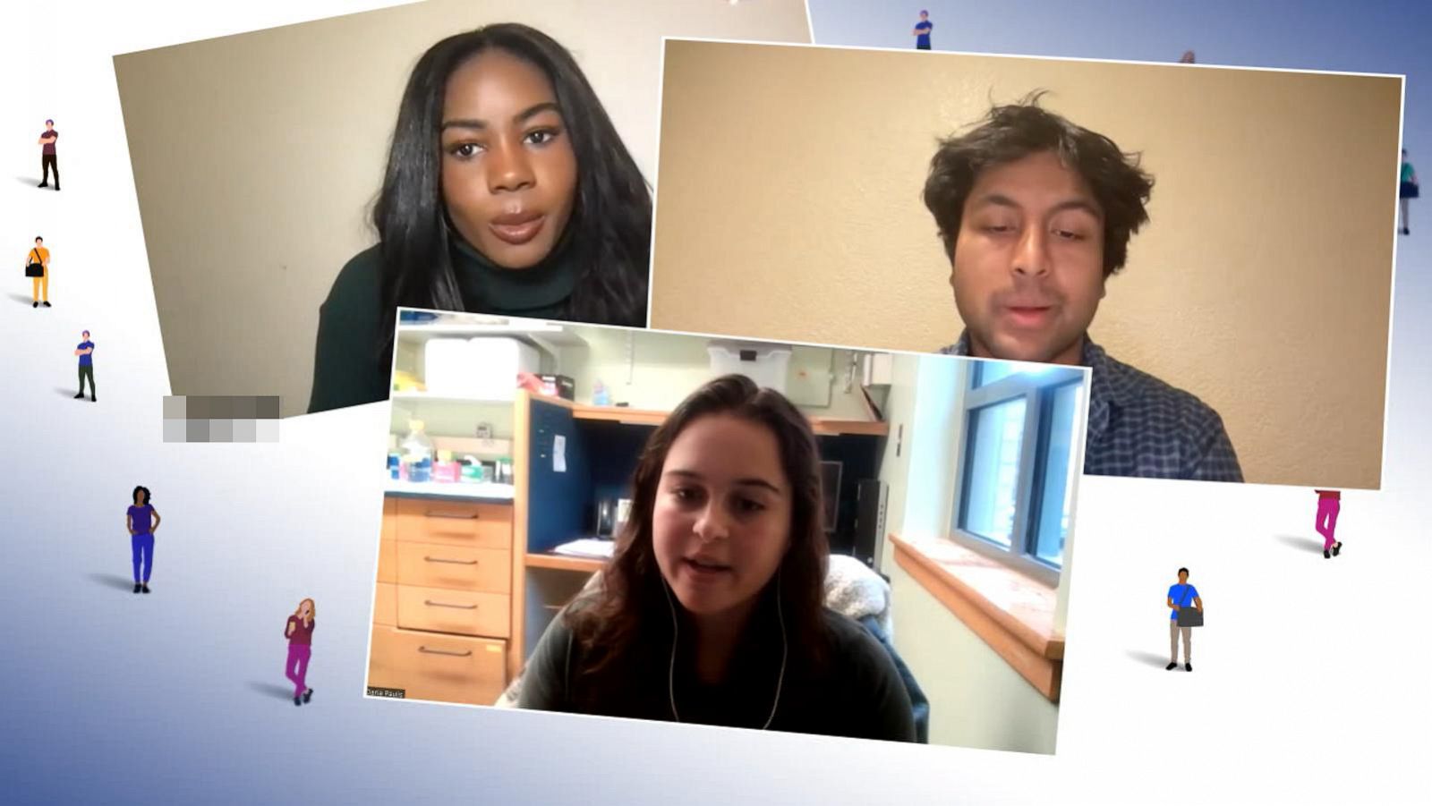 PHOTO: Audrey, left, Daria, center, and Tarun are young people in their 20s who spoke with ABC News about their mental health.