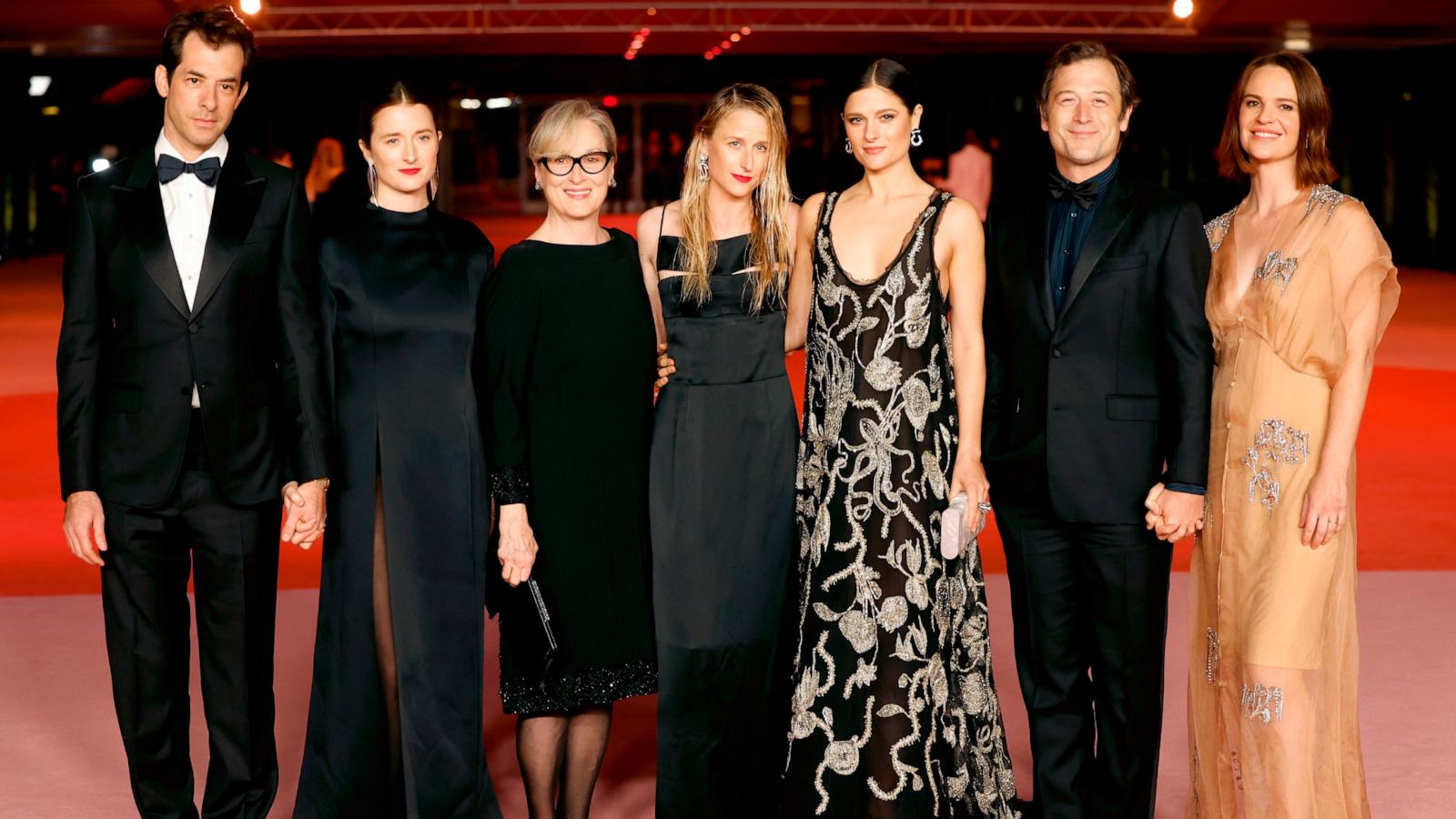 PHOTO: (L-R) Mark Ronson, Grace Gummer, Mamie Gummer, Meryl Streep, Louise Jacobson, Henry Wolfe and Tamryn Storm Hawker attend the 3rd Annual Academy Museum Gala at Academy Museum of Motion Pictures on Dec. 03, 2023 in Los Angeles, California.