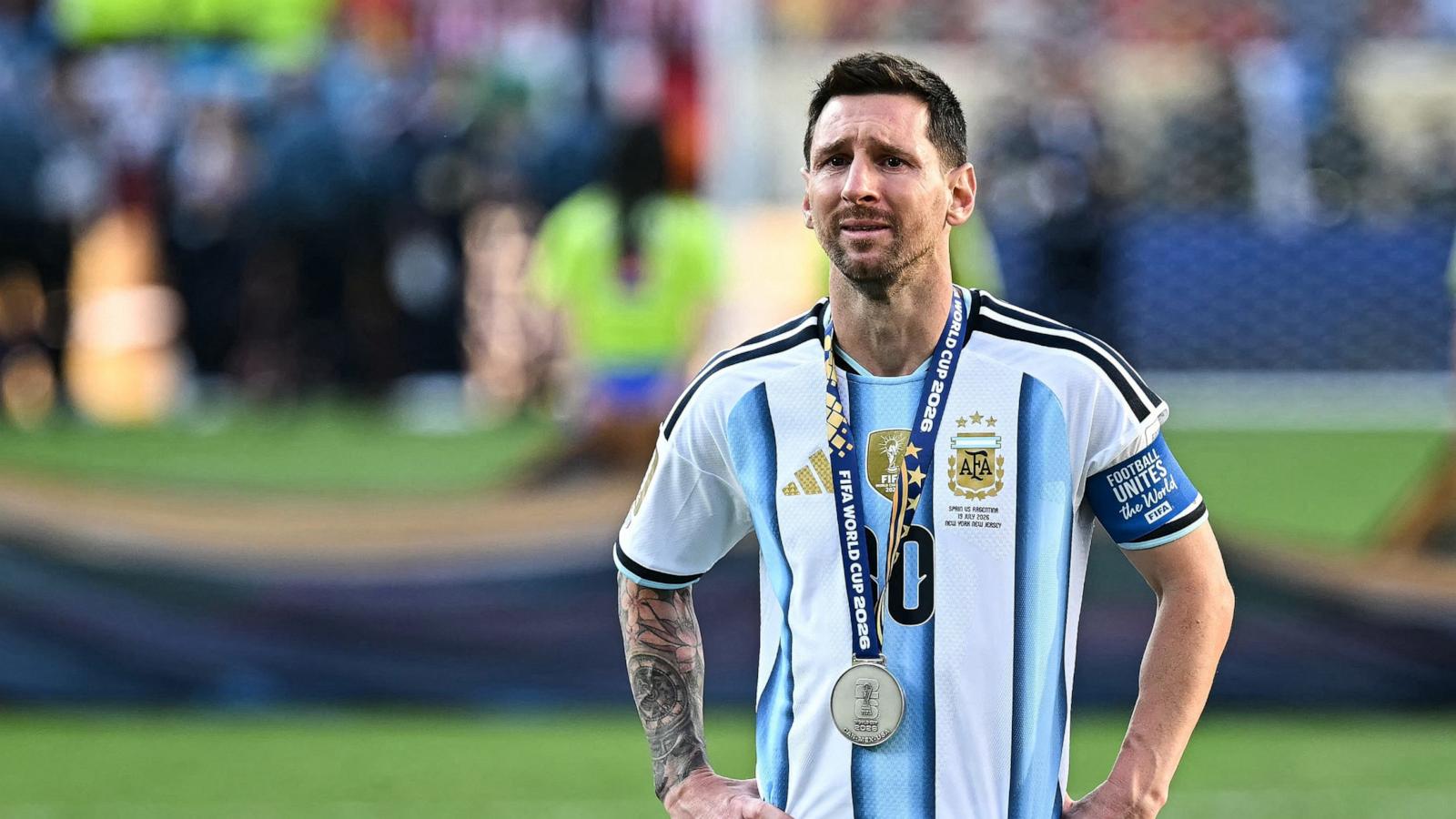 PHOTO: Argentina's Lionel Messi cries during the trophy ceremony at the end of the 2026 World Cup football tournament final match between Spain and Argentina at the New York/New Jersey Stadium in East Rutherford on July 19, 2026.
