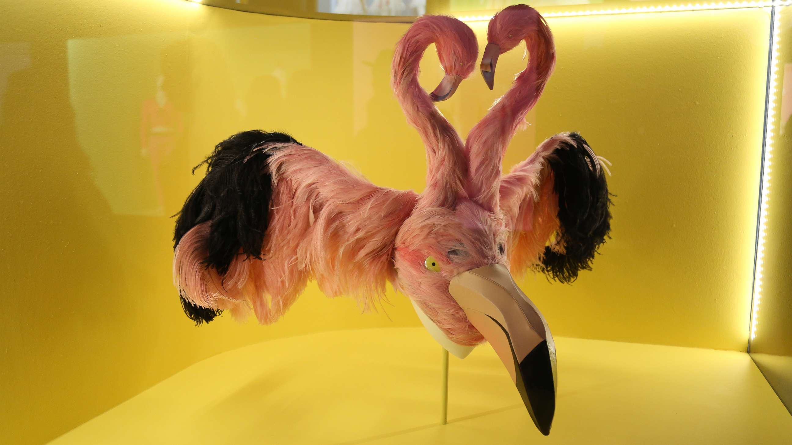 PHOTO: A flamingo headpiece is on display at the Metropolitan Museum of Art's spring 2019 exhibition "Camp: Notes on Fashion," in New York, May 6, 2019.