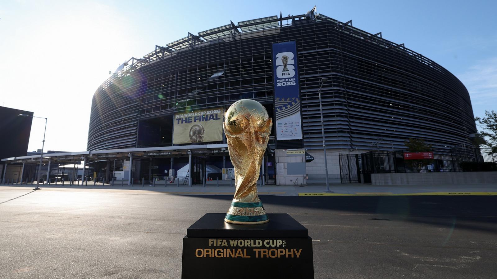 The FIFA World Cup Trophy is displayed at New York/New Jersey Stadium ahead of the FIFA World Cup Final on July 15, 2026 in East Rutherford, New Jersey.
