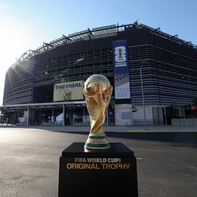 The FIFA World Cup Trophy is displayed at New York/New Jersey Stadium ahead of the FIFA World Cup Final on July 15, 2026 in East Rutherford, New Jersey. 