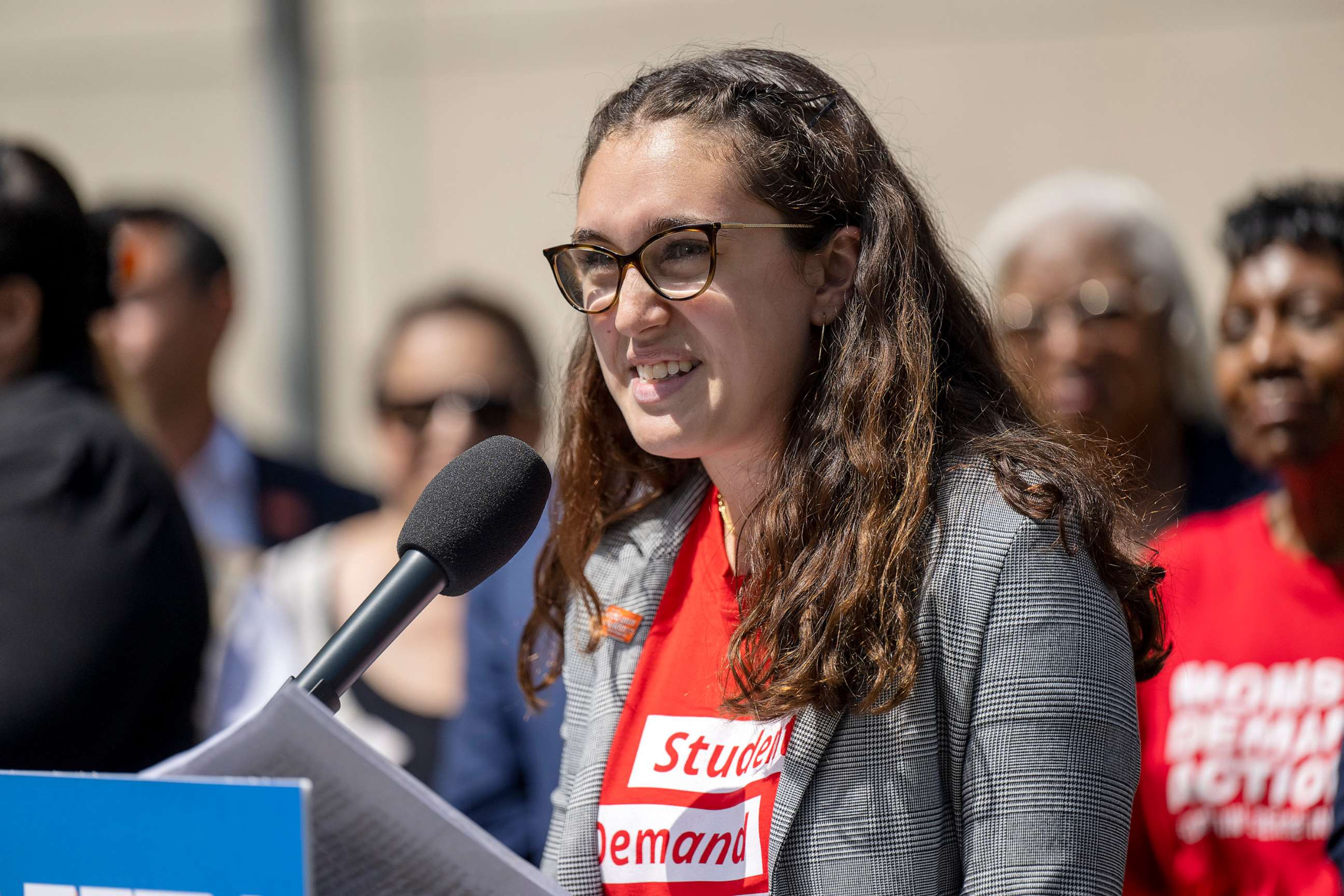 PHOTO: Mia Tretta, one of the students wounded in the 2019 shooting at Saugus High School, speaks during a news conference on gun legislation, July 22, 2022 at Santa Monica College.