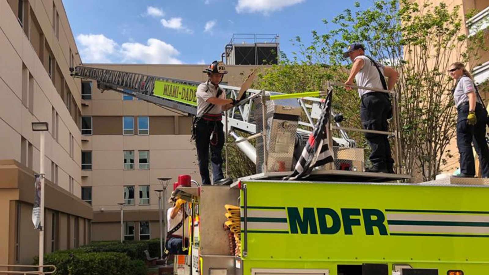 PHOTO: The Miami-Dade Fire Rescue squad used a station fire truck to visit a fellow lieutenant hospitalized in Miami-Dade County, Fla., April 3, 2020.