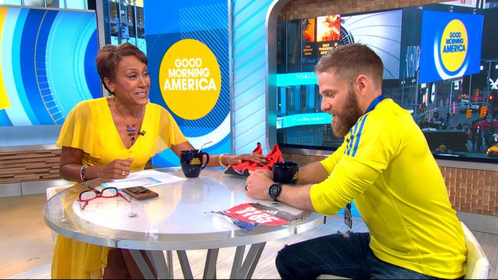PHOTO: Marine veteran Micah Herndon, who crossed the Boston Marathon finish line by crawling, was surprised with a spot in the New York City Marathon on "Good Morning America," April 17, 2019.