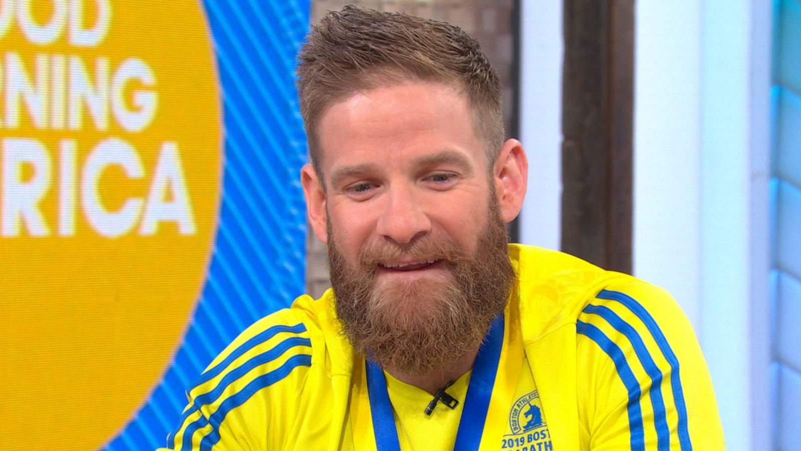 PHOTO: Marine veteran Micah Herndon, who crossed the Boston Marathon finish line by crawling, was surprised with a spot in the New York City Marathon on "Good Morning America," April 17, 2019.