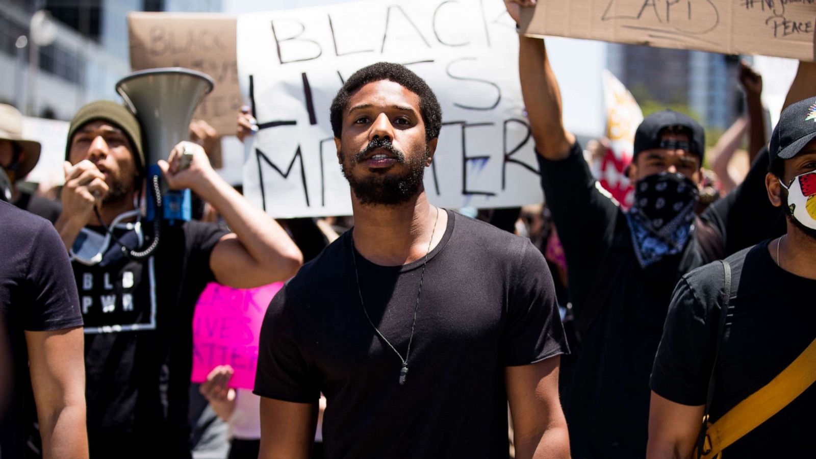 PHOTO: Michael B. Jordan participates in the Hollywood talent agencies march to support Black Lives Matter protests on June 06, 2020, in Beverly Hills, Calif.