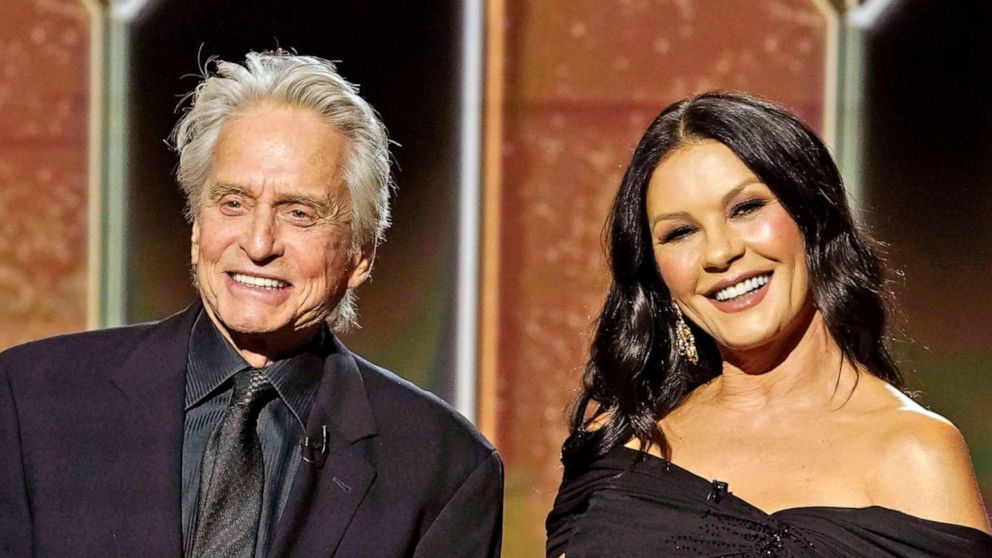 PHOTO: Michael Douglas and Catherine Zeta-Jones pose on stage at the 78th Annual Golden Globe Awards on Feb. 28, 2021 in New York.