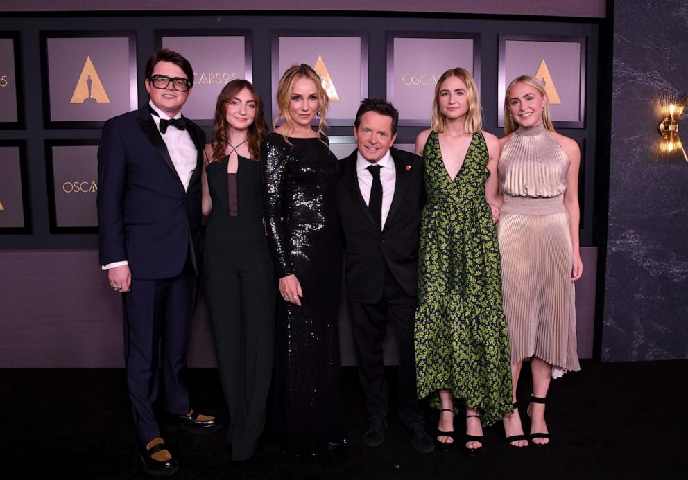 PHOTO: (L-R) Sam Fox, Esme Fox, Tracy Pollan, Michael J. Fox, Aquinnah Fox, and Schuyler Fox attend the Academy of Motion Picture Arts and Sciences 13th Governors Awards at Fairmont Century Plaza, Nov. 19, 2022, in Los Angeles.