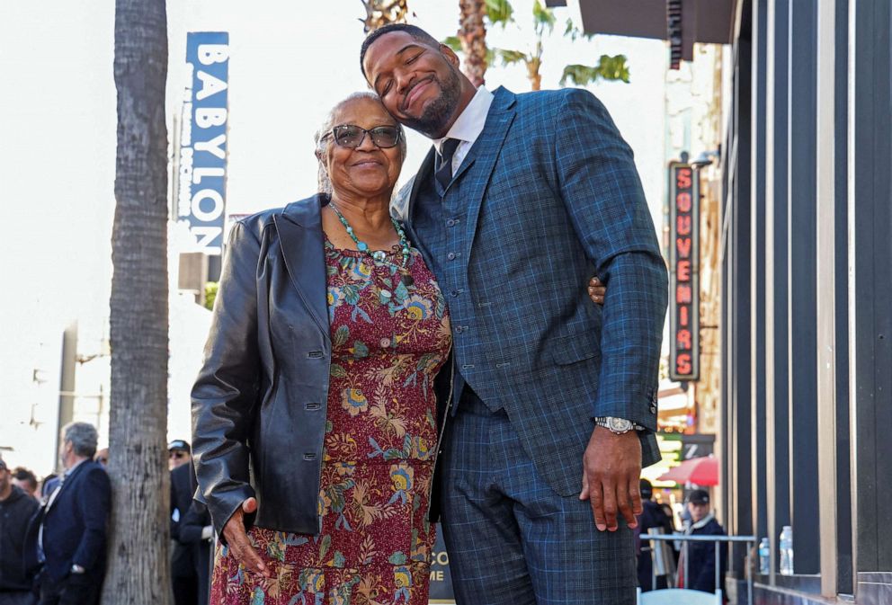PHOTO: Television actor Michael Strahan poses with his mother Louise Strahan during his star unveiling ceremony on the Hollywood Walk of Fame, Jan. 23, 2023, in Los Angeles, Calif.