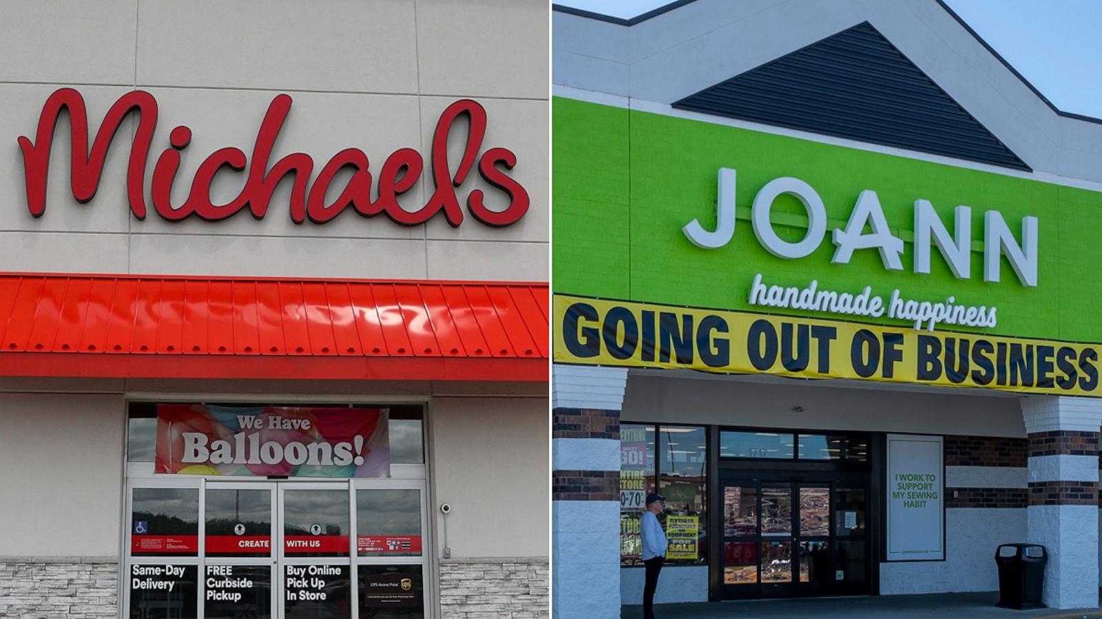 PHOTO: A Michaels craft store at the former Columbia Mall in Bloomsburg, Pa., June 1, 2025. Joann Fabrics in Maplewood, Minn., April 22, 2025.