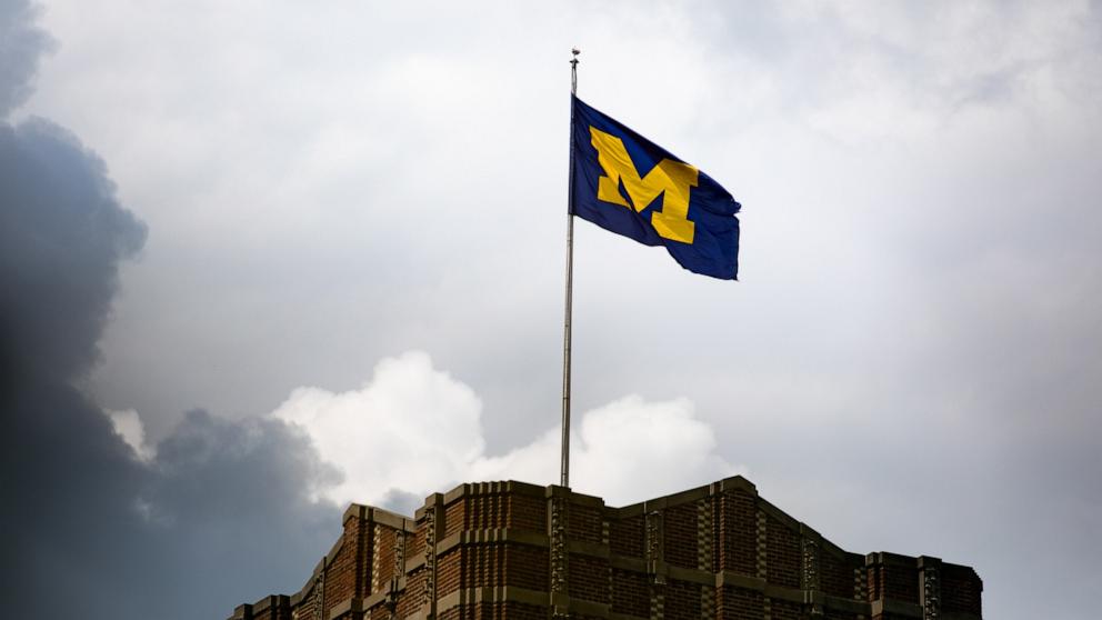 PHOTO: A University of Michigan flag on the Michigan Union building at the schools campus in Ann Arbor, Mich., July 28, 2025.