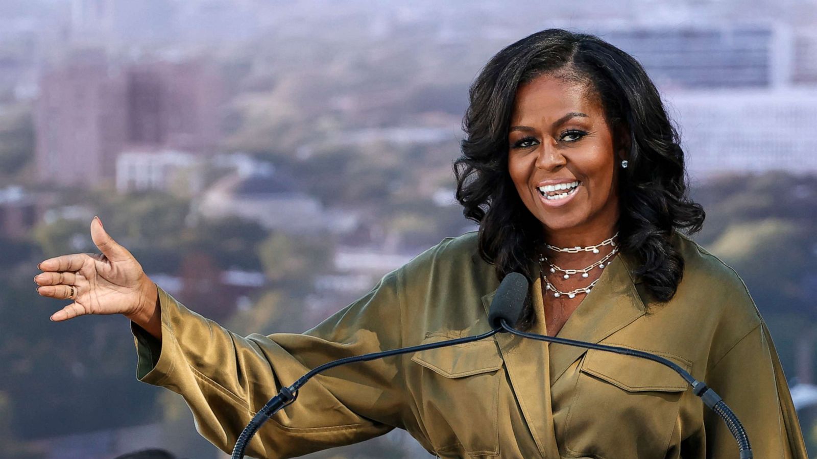 PHOTO: Former First lady Michelle Obama speaks during the groundbreaking ceremony for the Obama Presidential Center at Jackson Park, Sept. 28, 2021, in Chicago.