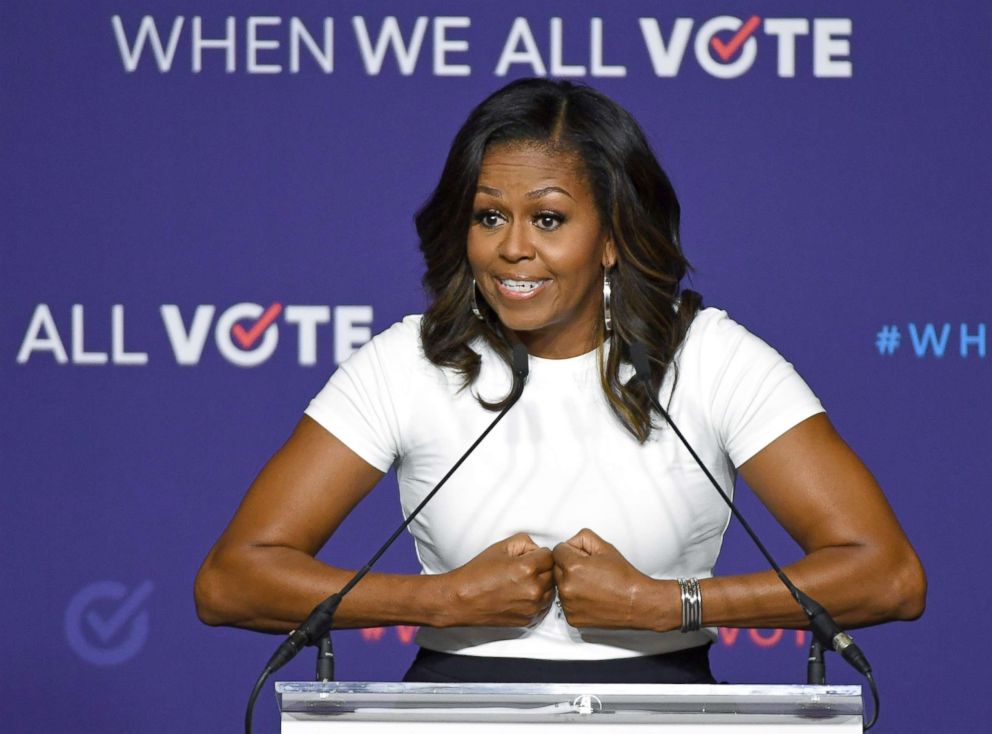 PHOTO: Former first lady Michelle Obama speaks during a rally for When We All Vote's National Week of Action at Chaparral High School, in Las Vegas, Sept. 23, 2018, in Las Vegas.