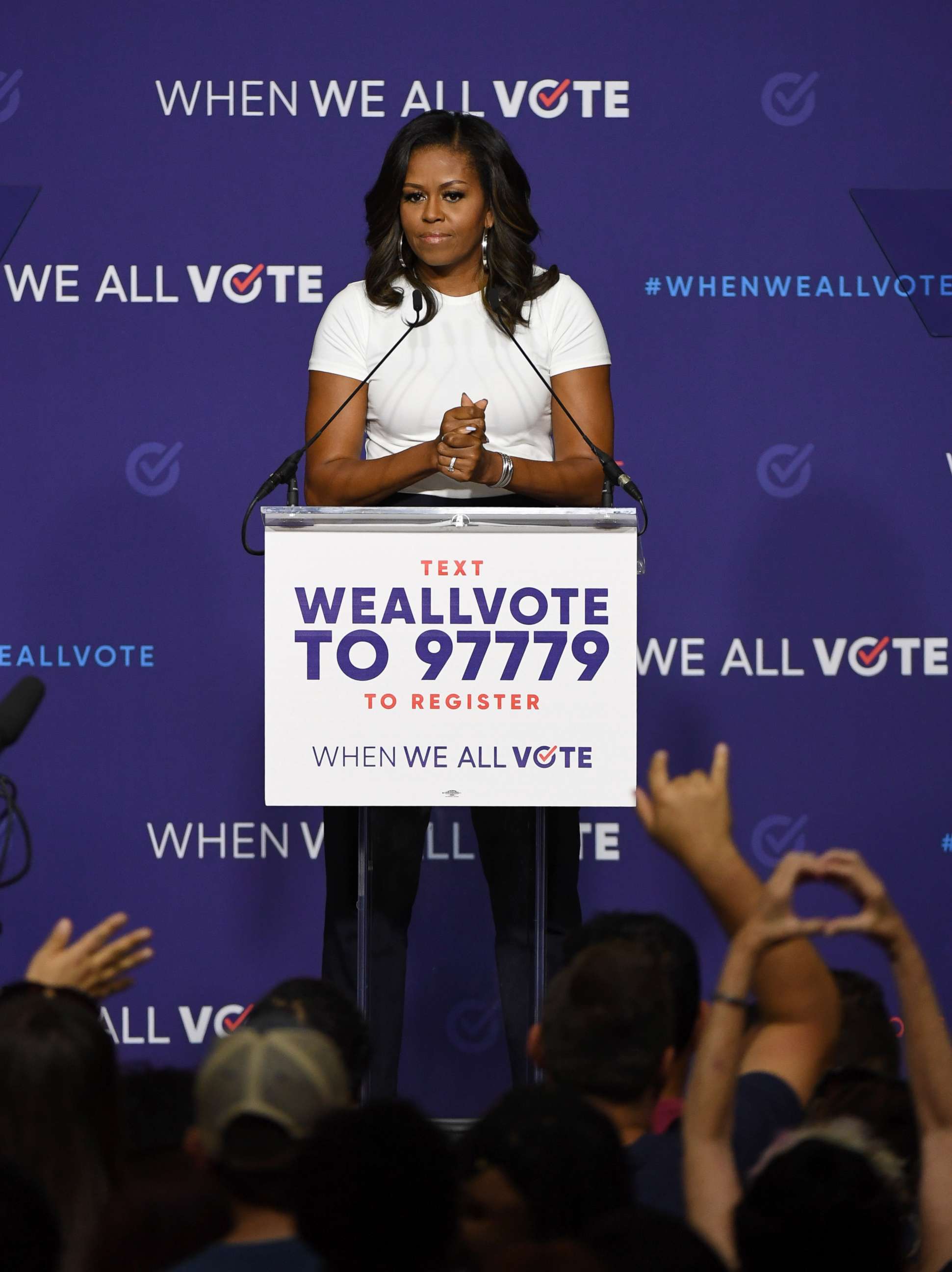 PHOTO: Former first lady Michelle Obama speaks during a rally for When We All Vote's National Week of Action at Chaparral High School, Sept. 23, 2018, in Las Vegas.