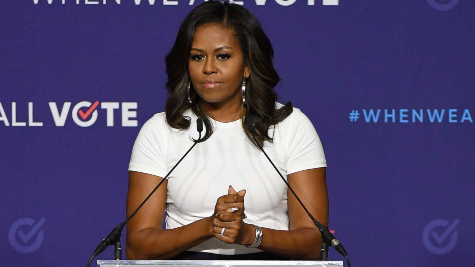 PHOTO: Former first lady Michelle Obama speaks during a rally for When We All Vote's National Week of Action at Chaparral High School, Sept. 23, 2018, in Las Vegas.