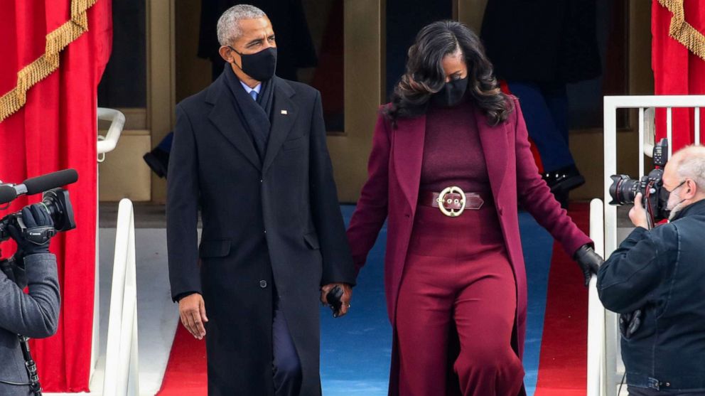 PHOTO: Former President Barack Obama and former first lady Michelle Obama arrive to the inauguration of President-elect Joe Biden on the West Front of the U.S. Capitol on Jan. 20, 2021, in Washington, D.C.