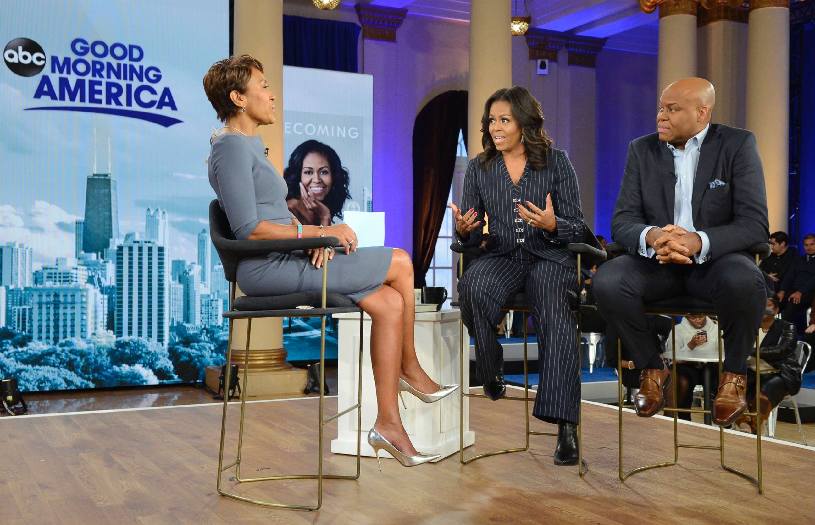 PHOTO: Former first lady Michelle Obama and her brother, Craig Robinson, speak to ABC News' Robin Roberts in Chicago, Nov. 13, 2018.